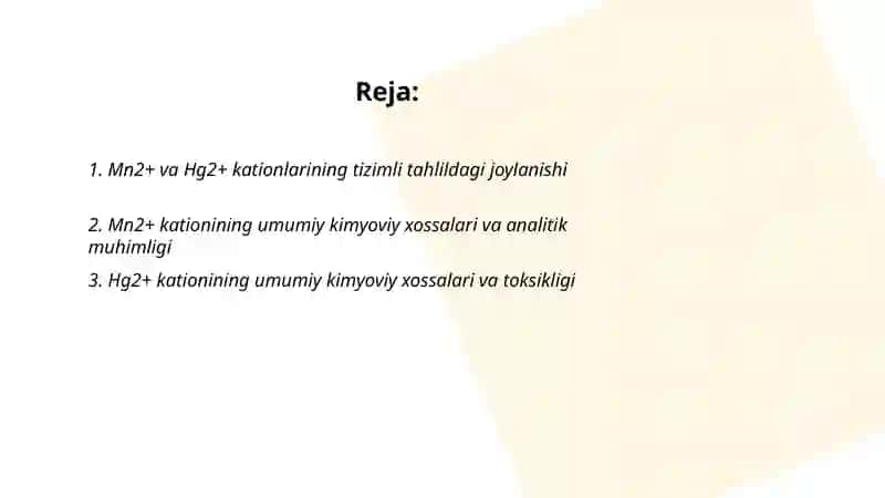Mn+2, Hg+2 kationlarini tizimli tahlil chizmasini tuzish va analitik reaksiyalari 2