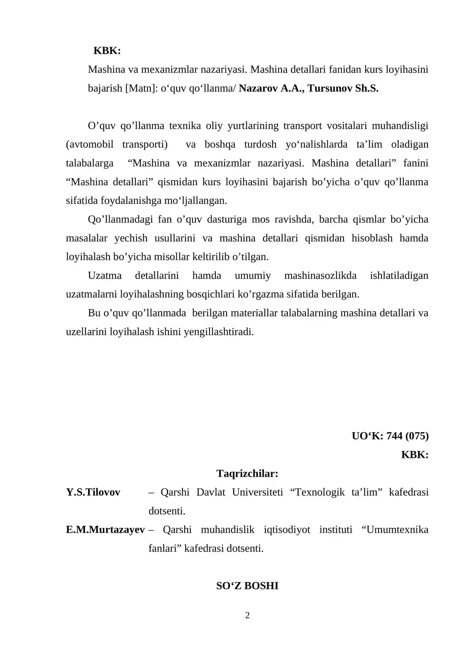 Mashina va mexanizmlar nazariyasi. Mashina detallari FANIDAN kurs loyihasiNI BAJARISH 2