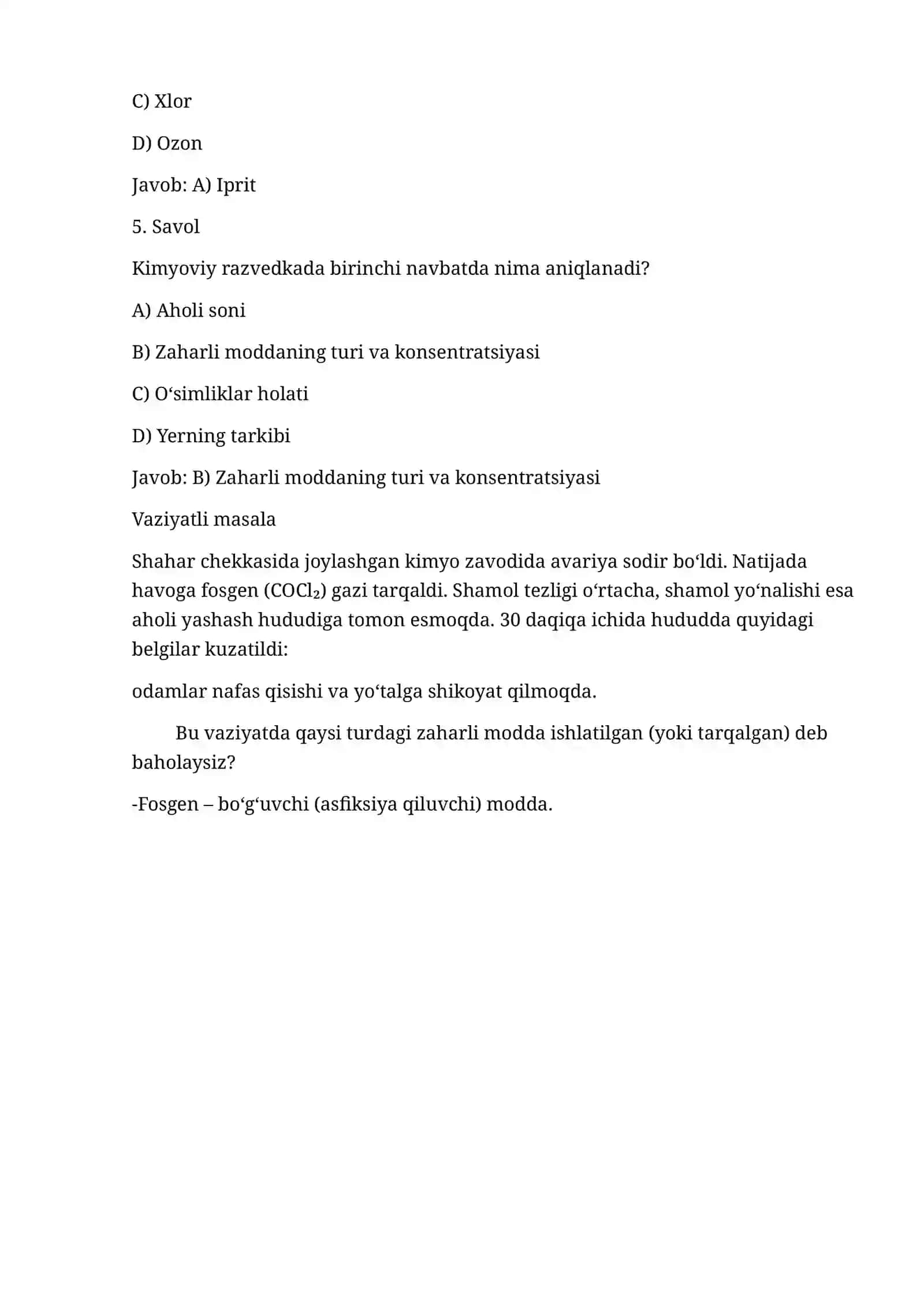 Kimyoviy qurol. Zaxarli moddalarning tasnifi. Kimyoviy vaziyatni baholash 2