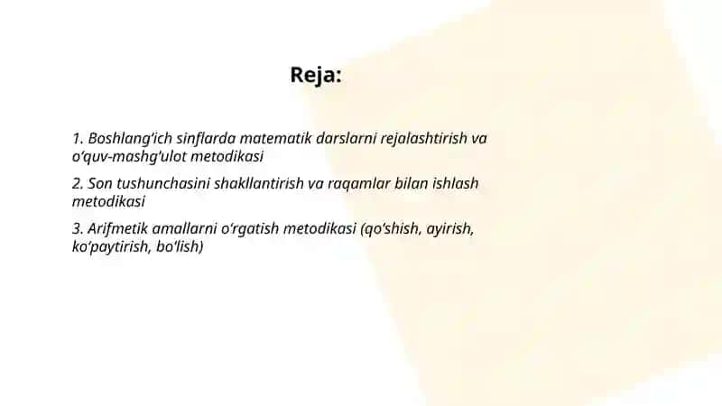 Boshlangʻich sinflarda matematika oʻqitish metodikasi fani 2