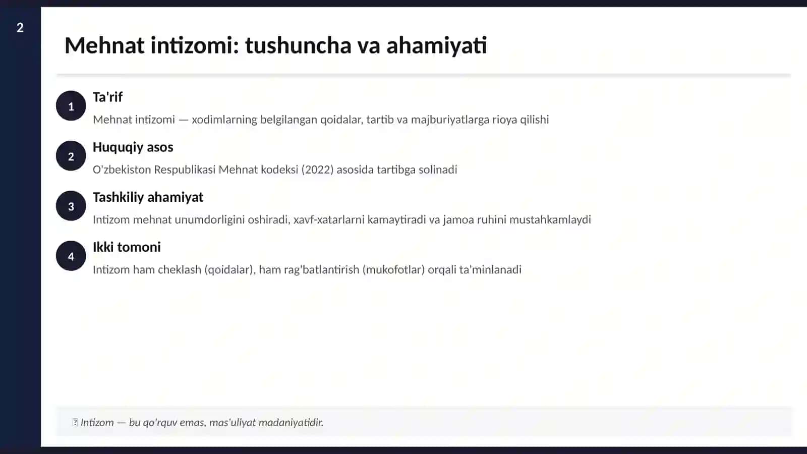 MEHNAT INTIZOMI VA NIZOLARNI HAL QILISH 2
