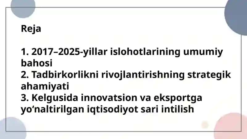 2017-2025-yillarda O’zbekistonda tadbirkorlikni qo'llab-quvvatlash 2