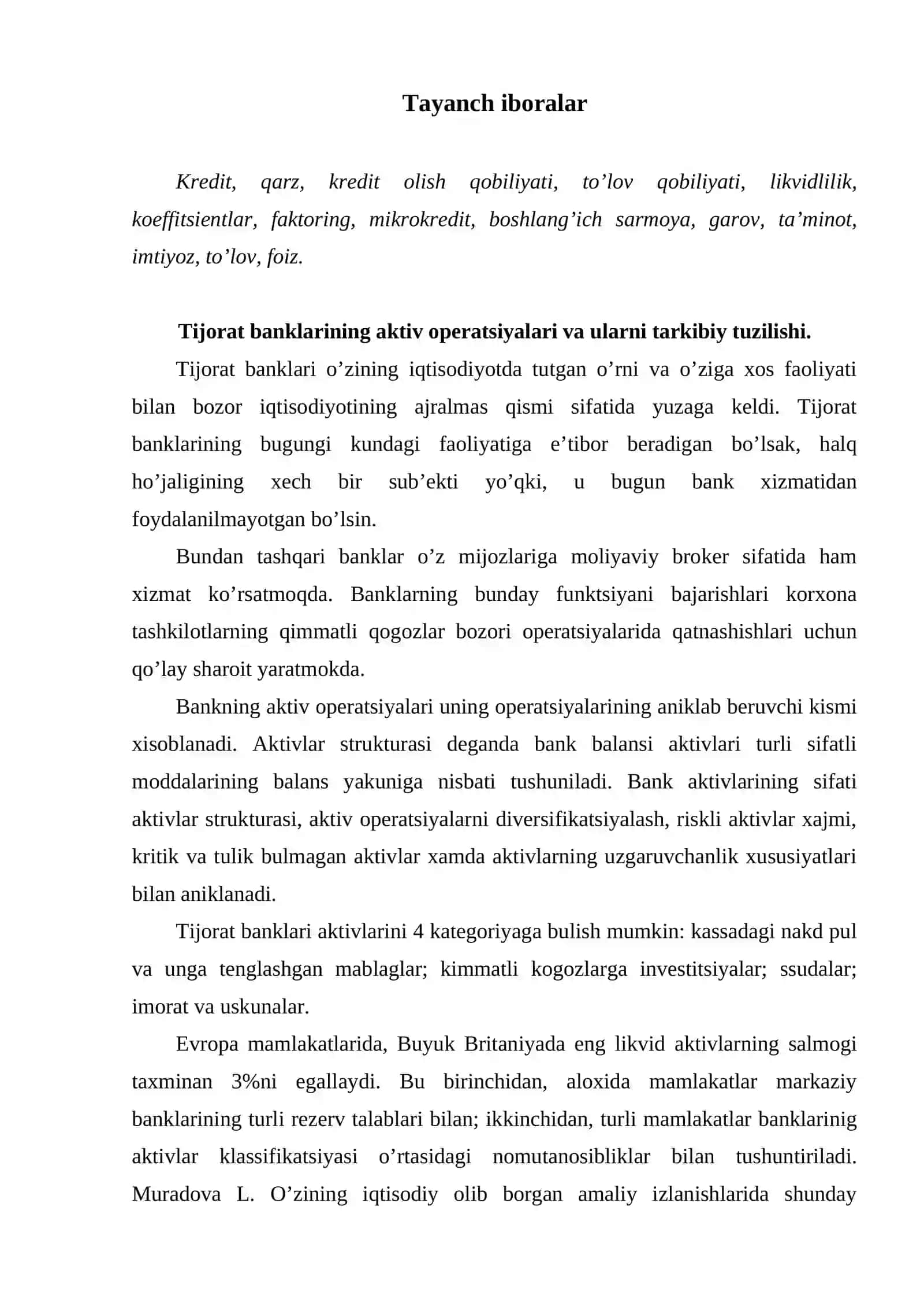 Tijorat banklarining aktiv operatsiyalari tarkibi va ularni joylashishi 2