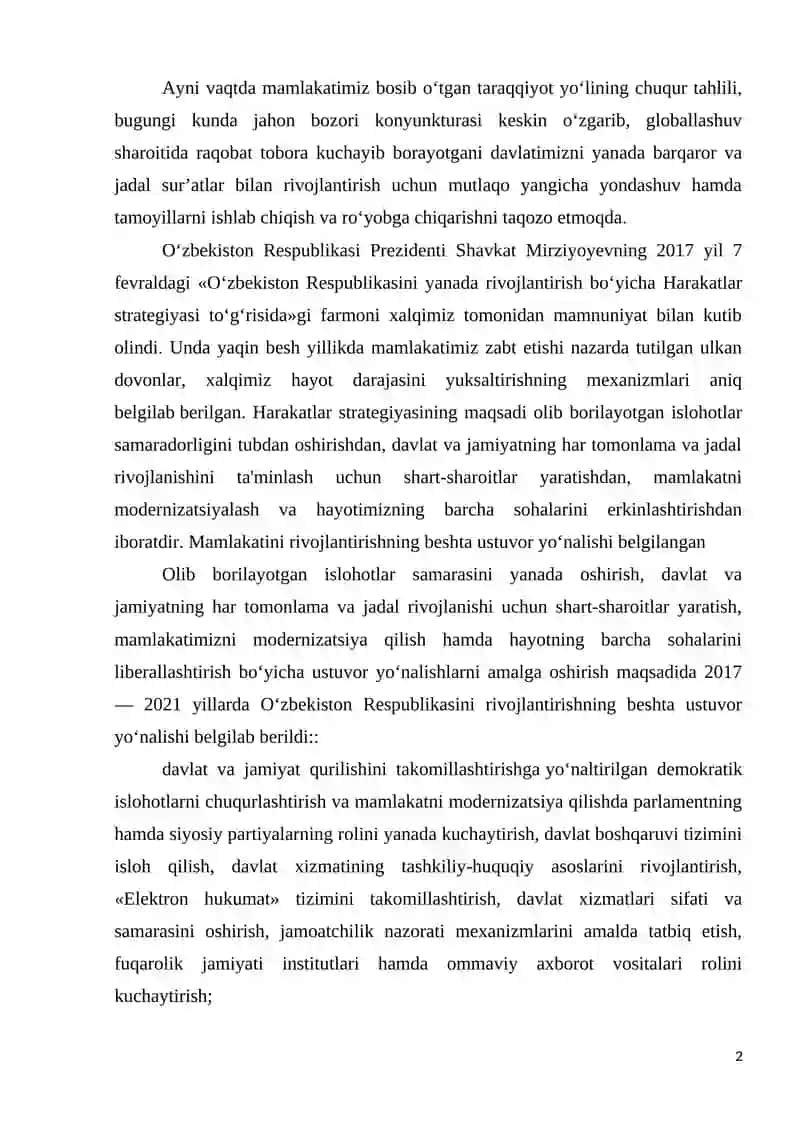 Uzbekistonda iqtisodiyotni rivojlantirish va liberallashtirishning ustuvor yo’nalishlari 2