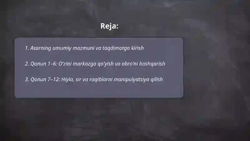 Hokimiyatning 48 qonuni asarida keltirilgan qonunlarning mohiyatini ochib berishga qaratilgan taqdimot tayyorlash 2