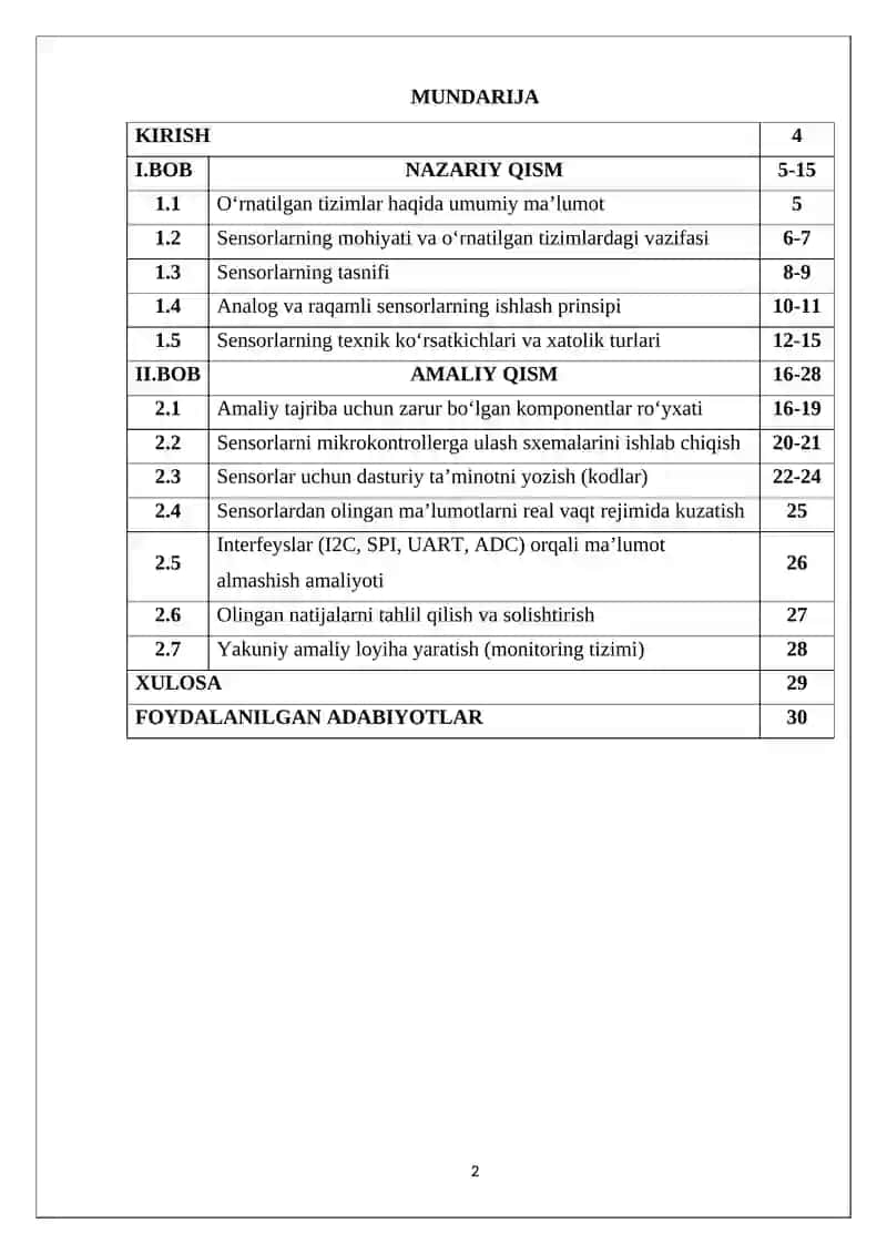 O’RNATILGAN TIZIMLARDA SENSORLAR VA ULARNING INTERFEYSLARI 2