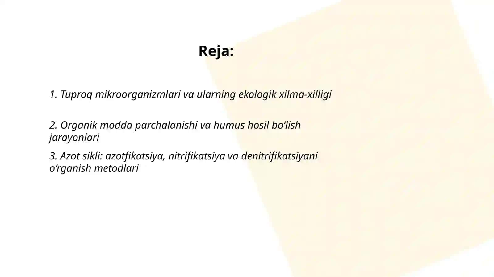 Tuproq biologiyasining asosiy yo'nalishlari va uni o'rganishda qo'llaniladigan asosiy asbob-uskunalar, reaktivlar va oziqa muhitlar 2