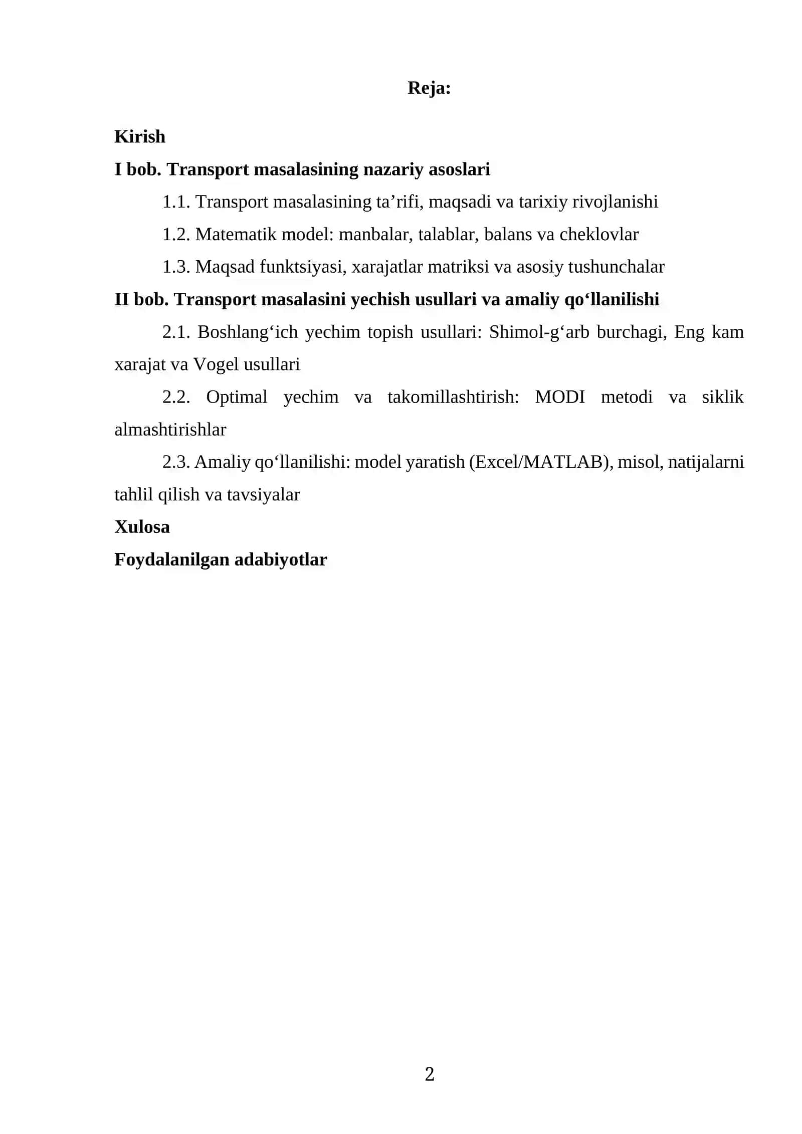 Tranport masalasi kurs ishi 2
