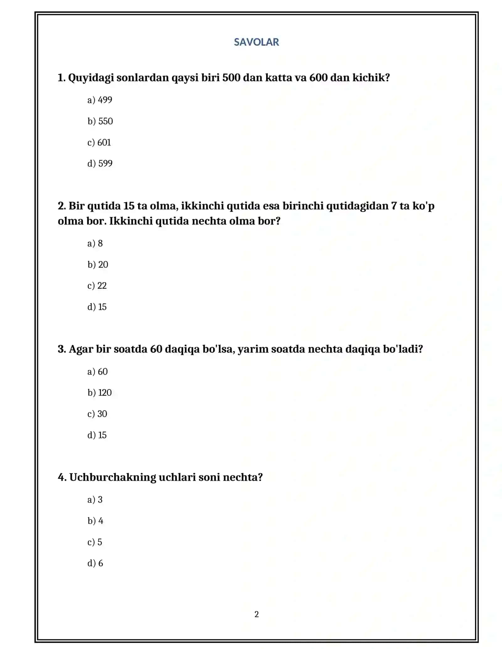 3–sinf matematika Olimpiada testlari. 2