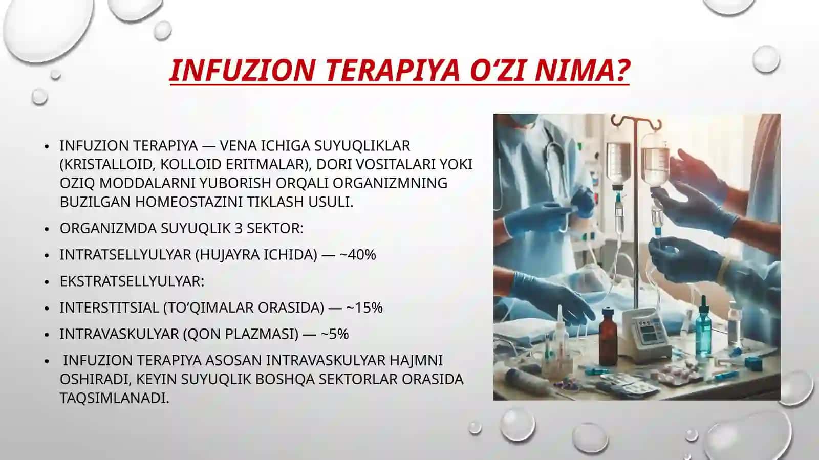 Infuzion terapiya. Korsatma va qarshi korsatmalar. 2