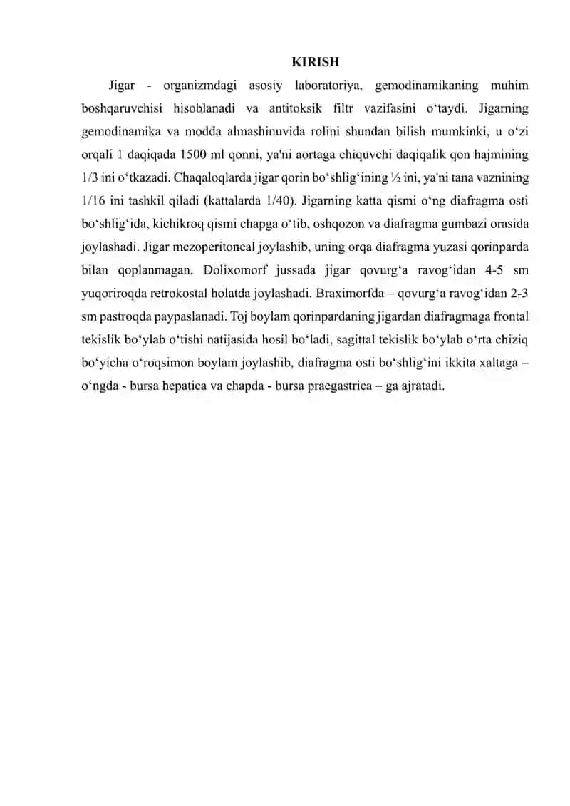 JIGAR VA O'T YO'LLARI KASALLIKLARIDA BEMORLARNI TEKSHIRISH. SO'RAB-SURISHTIRISH. ASOSIY SHIKOYATLARI, DIAGNOSTIK AHAMIYATI. KO'ZDAN KECHIRISH, JIGAR PERKUSSIYASI (KURLOV BO'YICHA), PAL PATSIYASI. DIAGNOSTIK AHAMIYATI. SURUNKALI GEPATIT VA XOLETSISTITLAR DIAGNOSTIKASI. ZAMONAVIY LABORATOR VA INSTRUMENTAL TEKSHIRIUSULLARI. ASOSIY DAVOLASH PRINTSIPLARI 2
