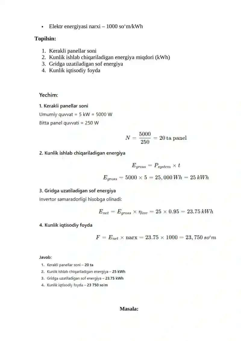LOKAL ELEKTR TARMOG‘I BILAN PARALLEL ISHLAYDIGAN FOTOELEKTRIK STANTSIYALAR (GRID ON) AMALIYOTDA SINASH 2