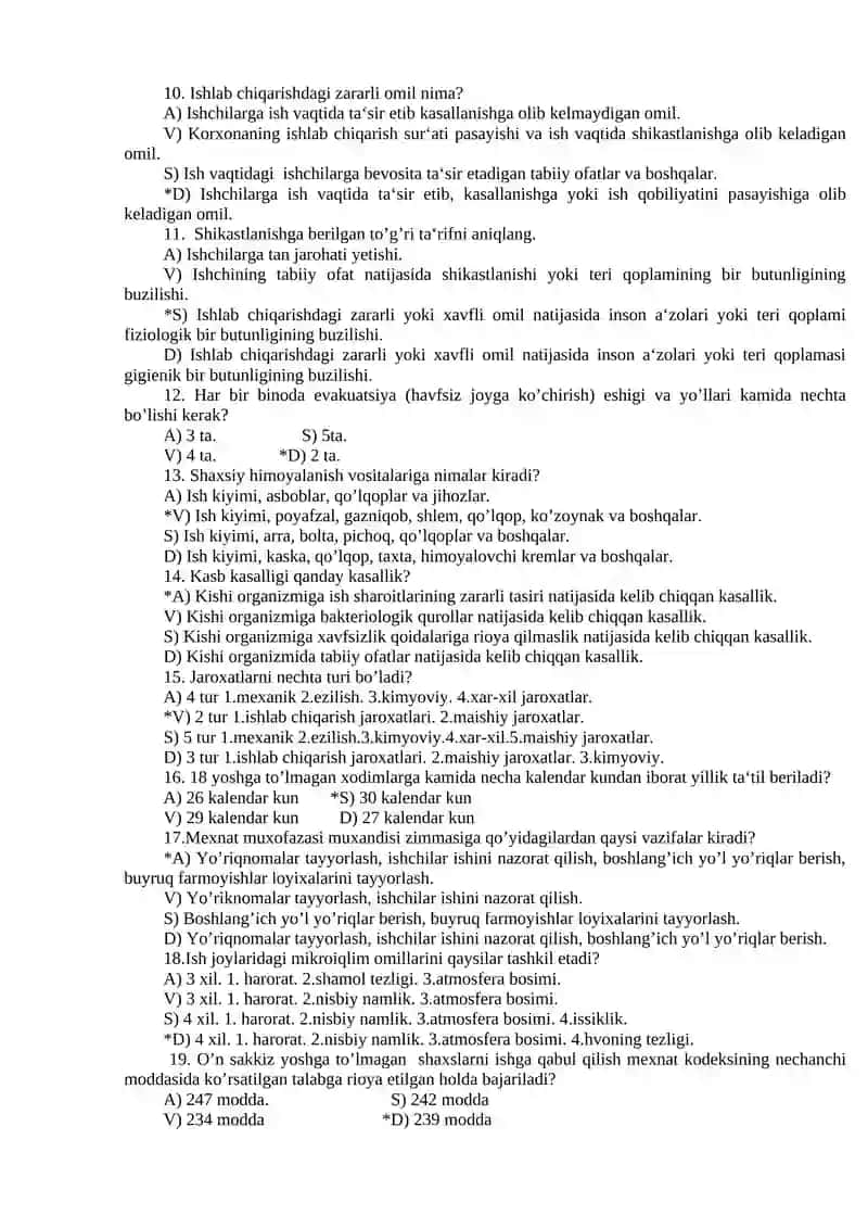 HAYOT FAOLIYATI ХАVFSIZLIGI FАNIDAN TEST SAVOLLARI 2