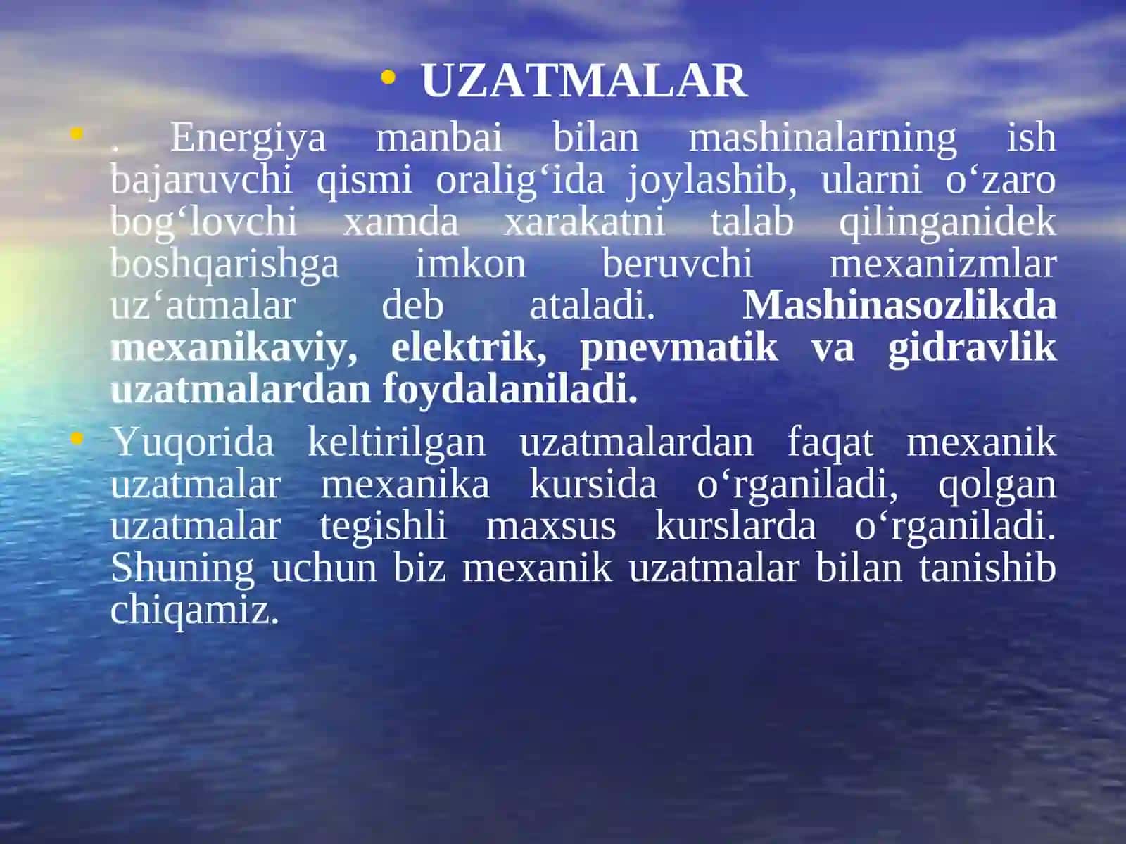 UZATMALAR. TASMALI VA ZANJIRLI UZATMALAR. UZATMALARNING GEOMETRIYASI VA KINEMATIKASI. UZATMALARDAGI KUCHLAR VA KUCHLANISHLAR 2