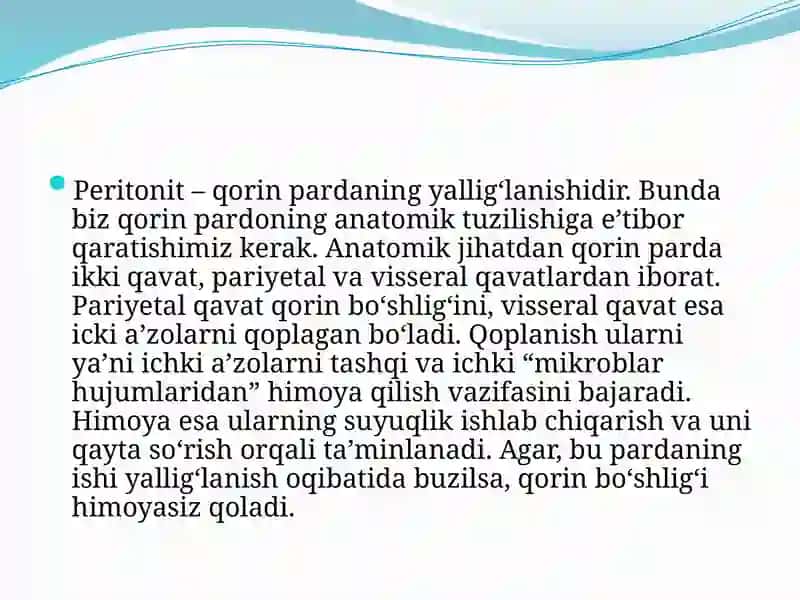 Qorinning xirurgik infeksiyalari. Peritonit 2
