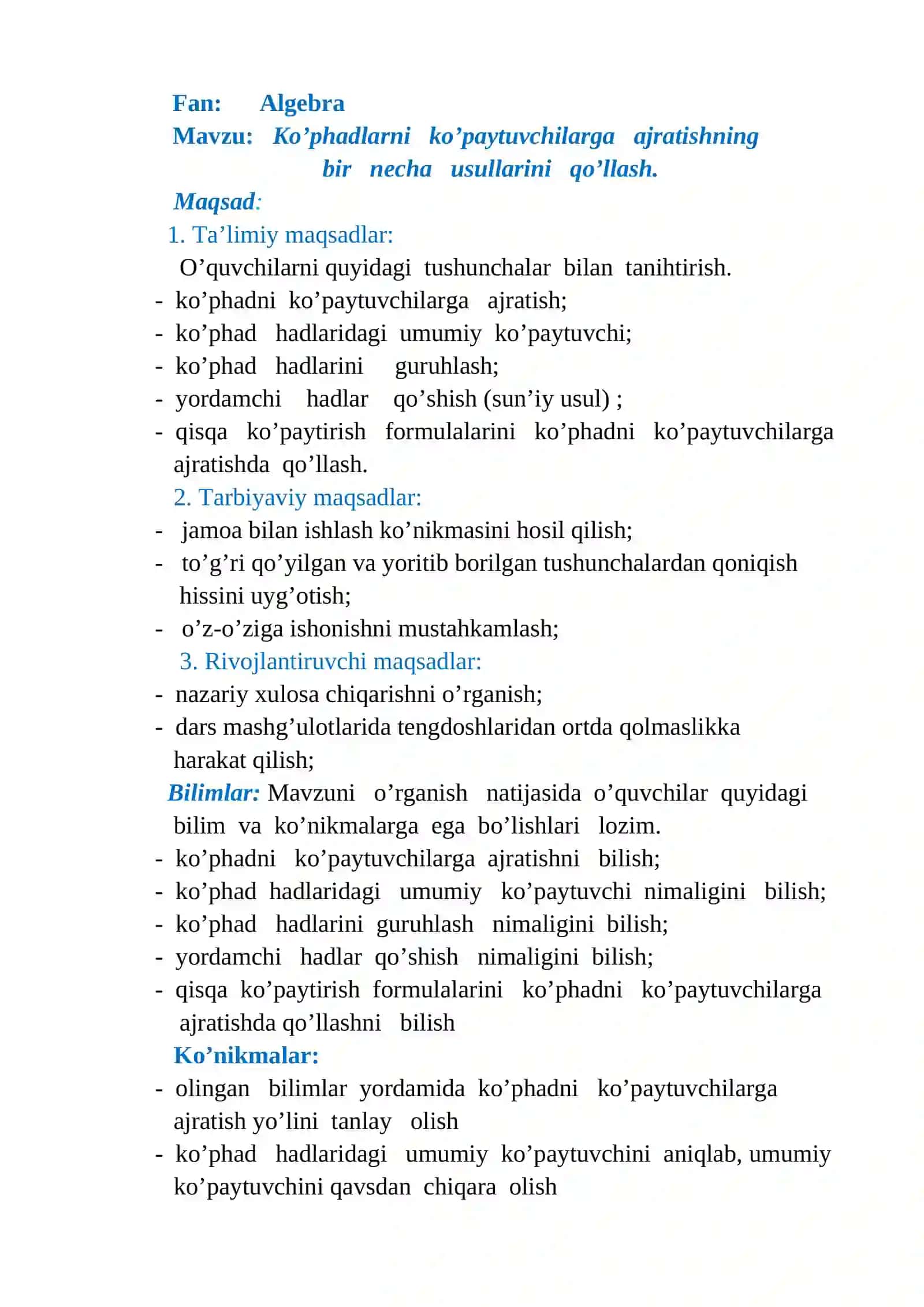 7-sinf Algebra dars ishlanma. Ko'phadlarni ko'paytuvchilarga ajratishning bir necha usullarini qo'llash 2