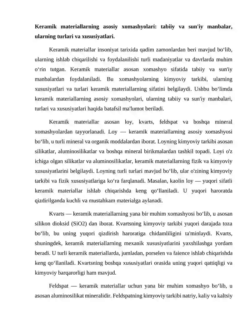 Keramik materiallar uchun xomashyo kimyoviy tarkibi 2