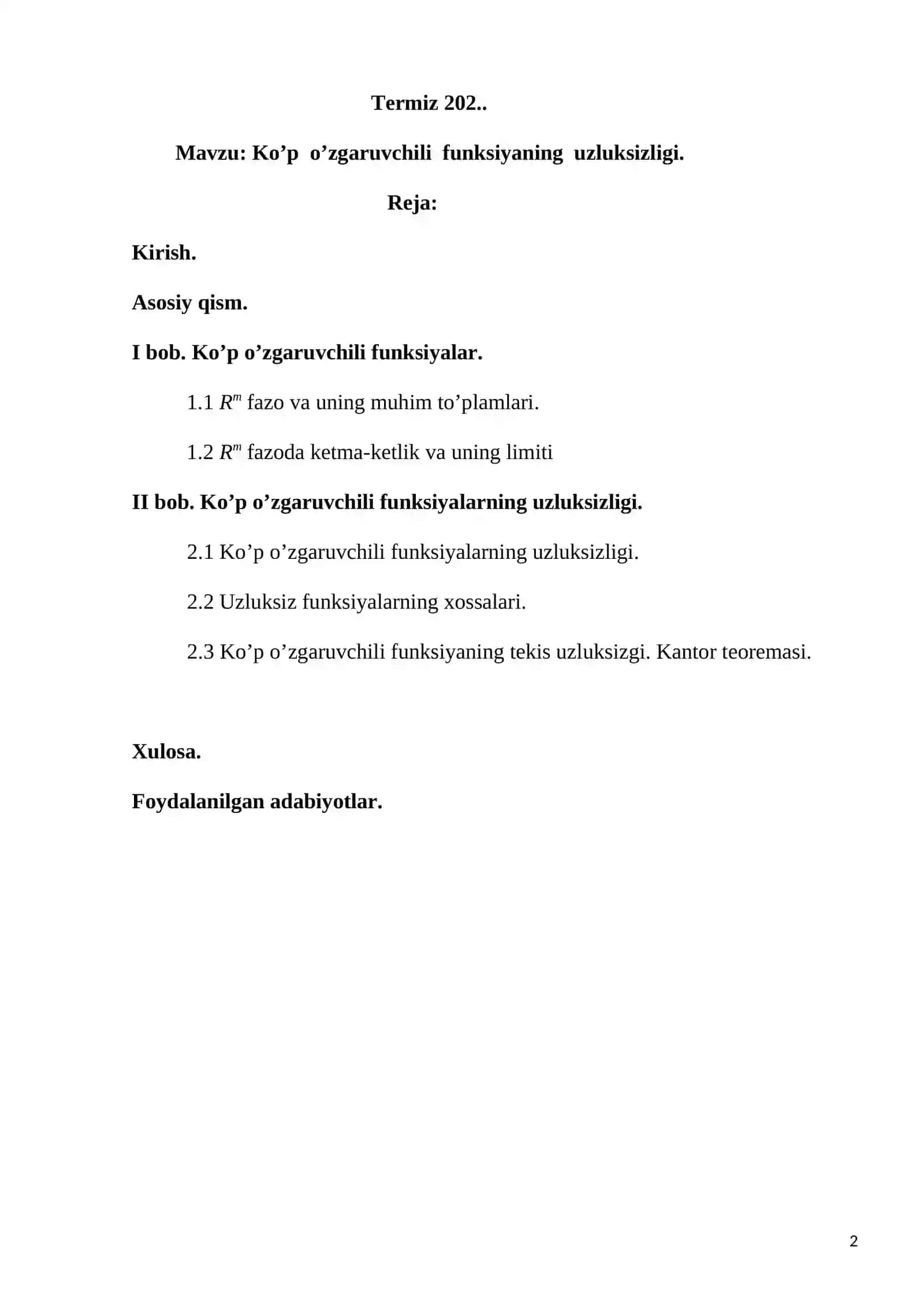 Kop O'zgaruvchi funksiyaning uzluksizligi 2
