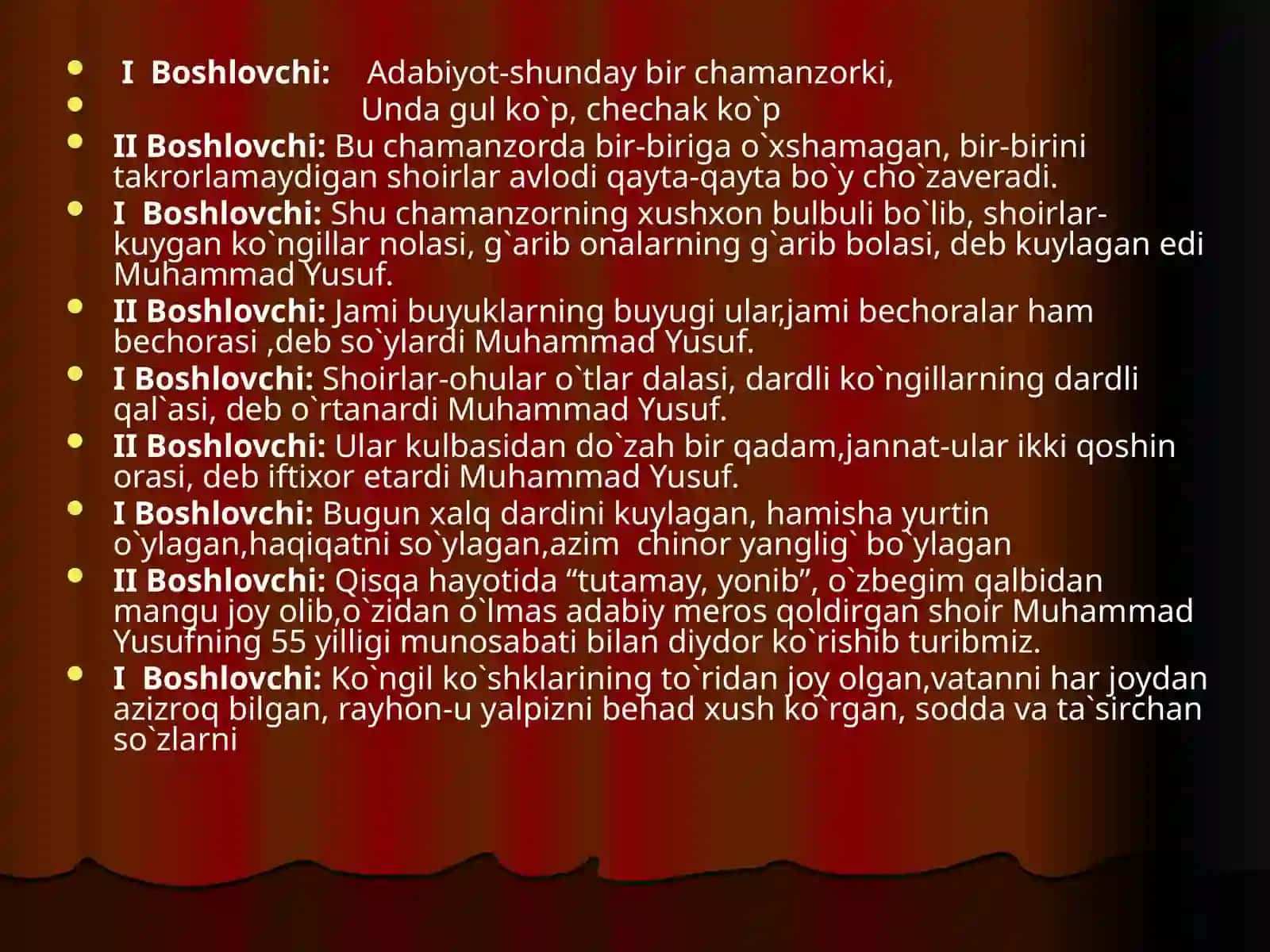 Muhammad Yusuf tavalludida bag`ishlangan tadbir ssenariysi 2