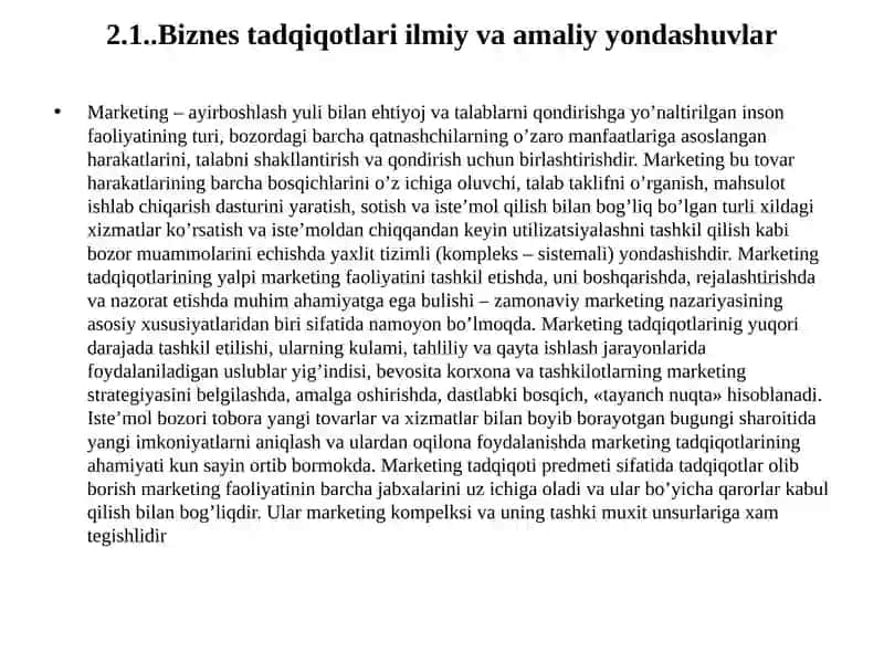 Biznesni tadqiq etishni tashkil qilish 2
