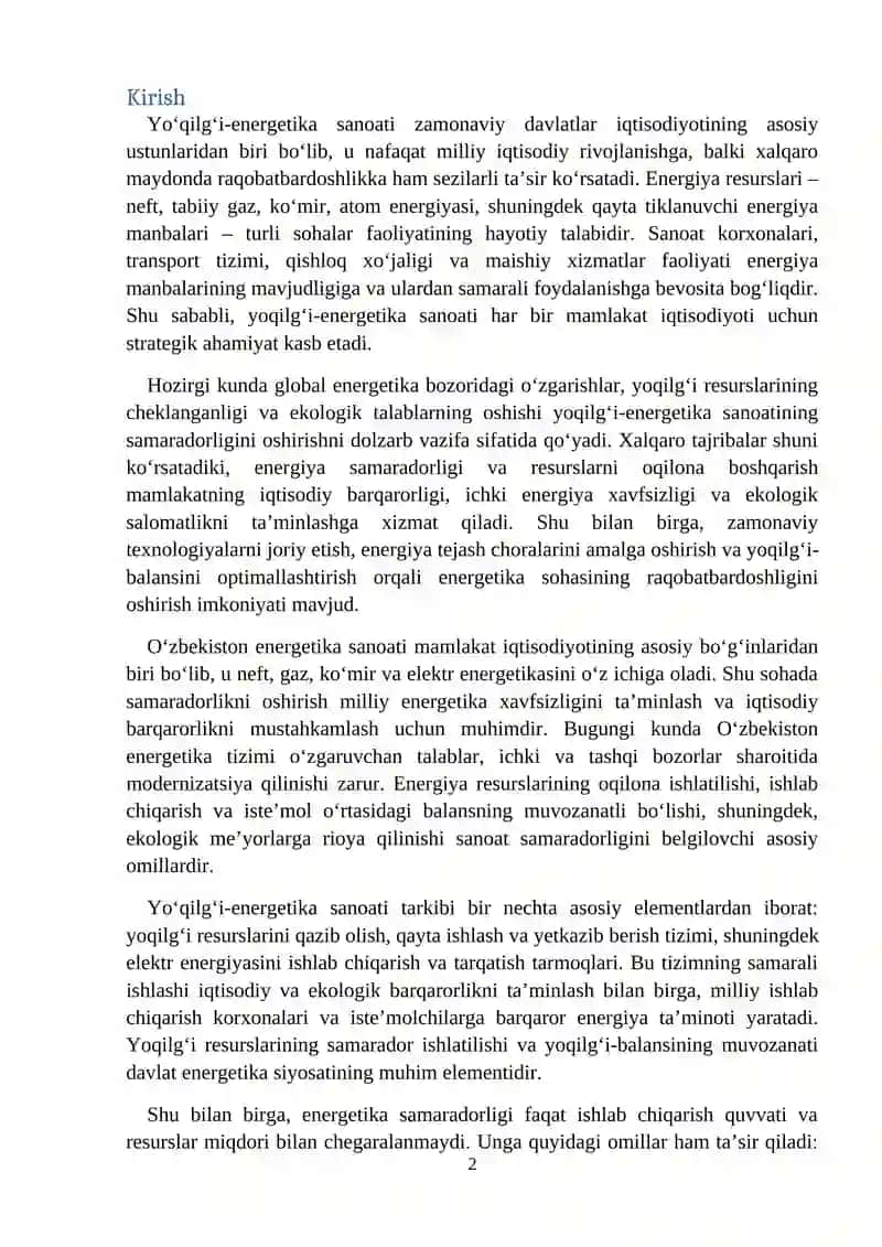 Yoqilg‘i-energetika sanoatining samaradorligi 2