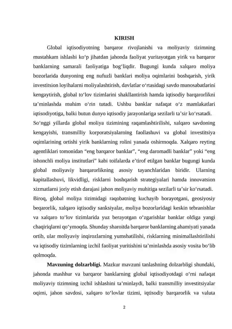 Jahonda mashhur va barqaror banklarning global iqtisodiyotda tutgan o'rni 2