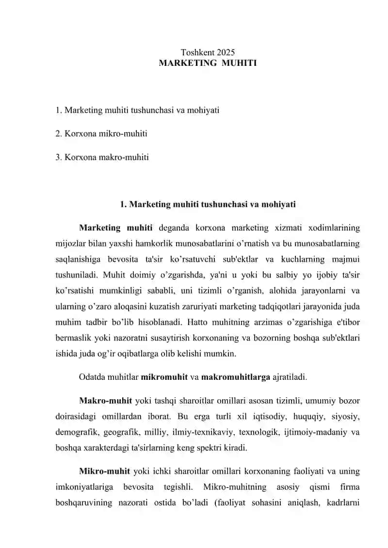 MARKETINGNING NAZARIY ASOSLARI. mustaqil ish. 2