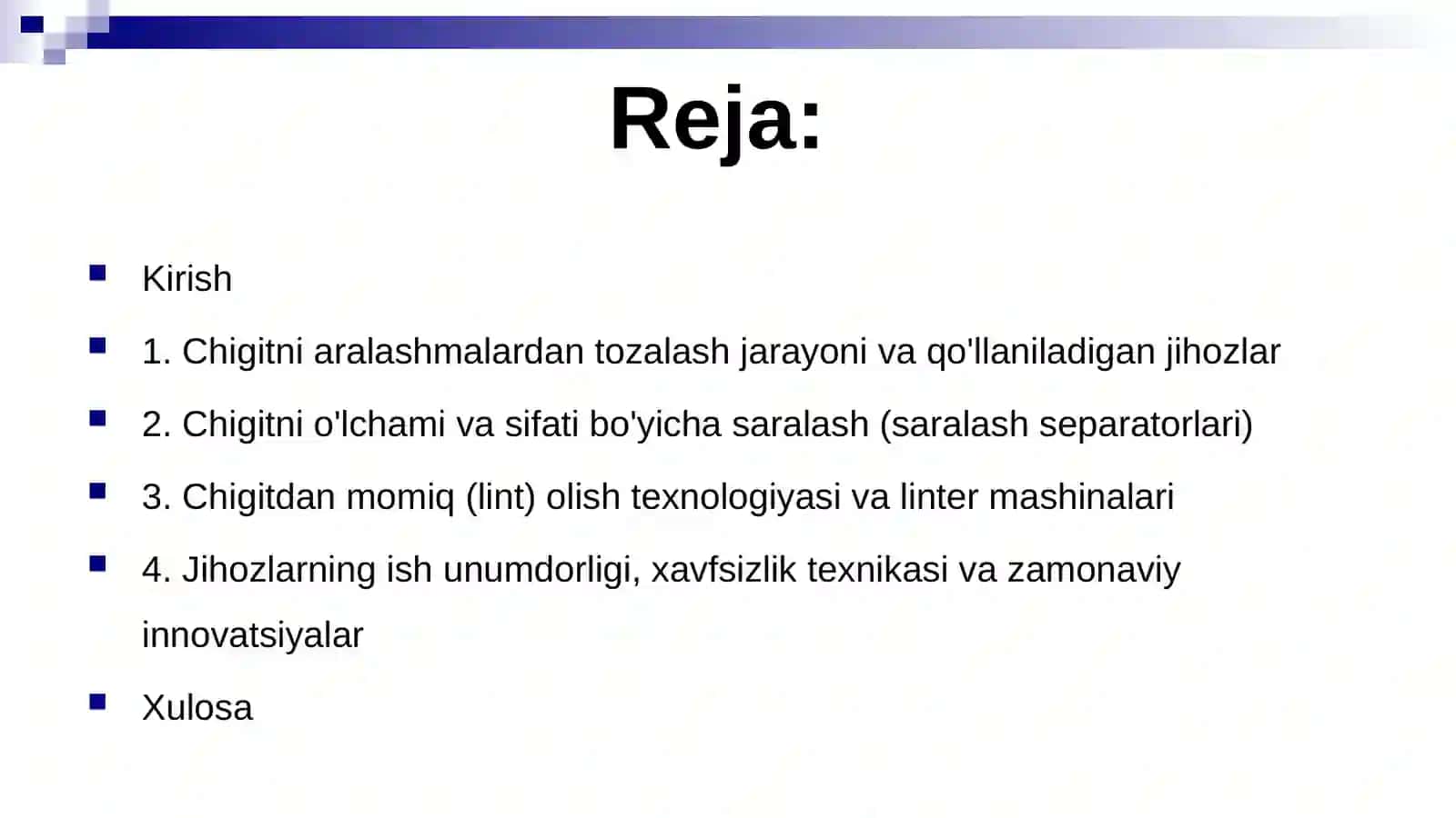 Paxta chigitini qayta ishlash texnologiyalari Tozalash, saralash va momiq olish jihozlari 2
