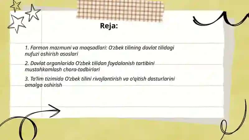 Oʻzbek tilining davlat tili sifatidagi nufuzi va mavqeyini tubdan oshirish chora-tadbirlari toʻgʻrisida 2