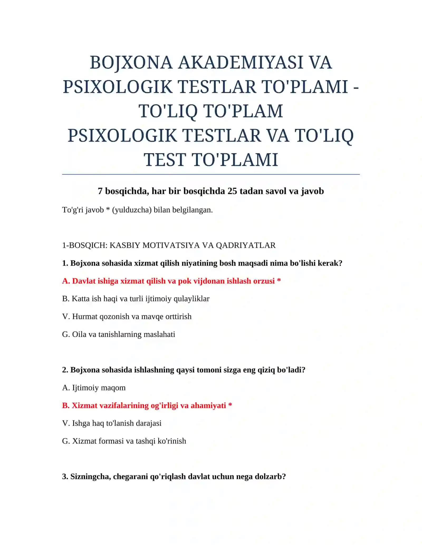 BOJXONA AKADEMIYASI VA PSIXOLOGIK TESTLAR TO'PLAMI - TO'LIQ TO'PLAM 2