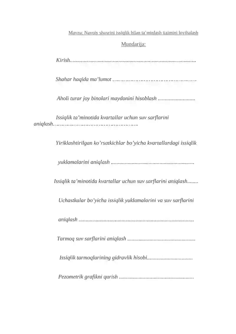 Issiqlik ta’minoti tizimlari Kurs loyiha 2
