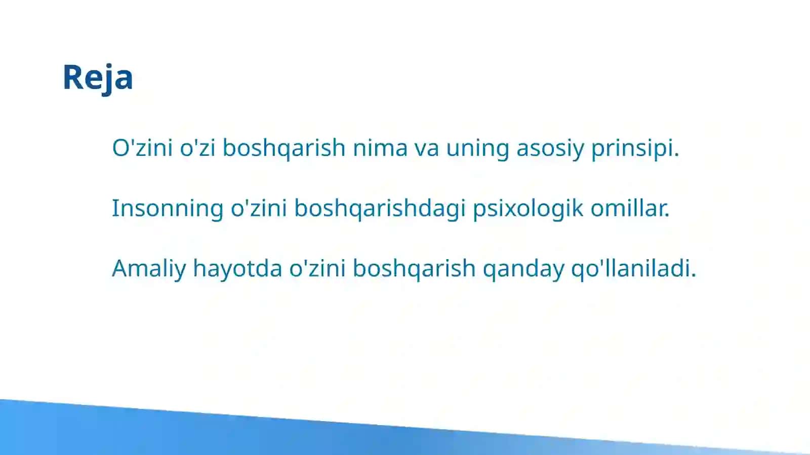 O'zini o'zi boshgarish tushunchasi insonning o'zboshimchalikdagi harakati sifatida 2