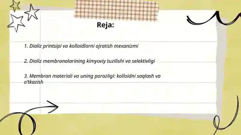 Kolloid sistemalarini dializ yoʻli bilan tozalash. Gemodializni oʻtkazishda kimyoning ahamiyati 2