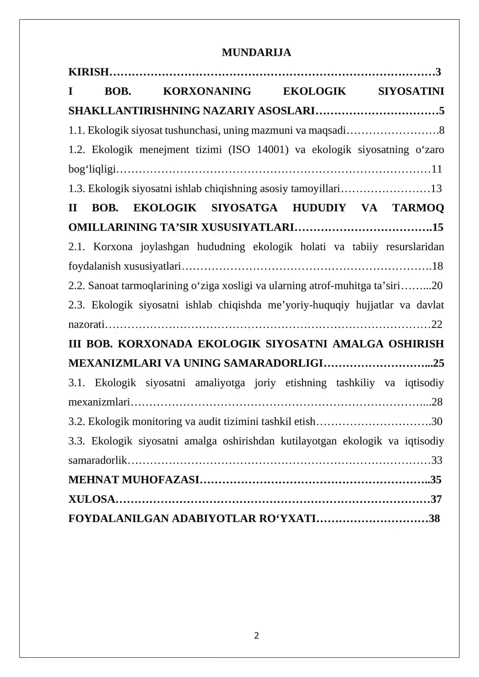 «Korxonaning ekologik siyosatini ishlab chiqish tamoyillari. Xududiy va tarmoq xususiyatlari» 2