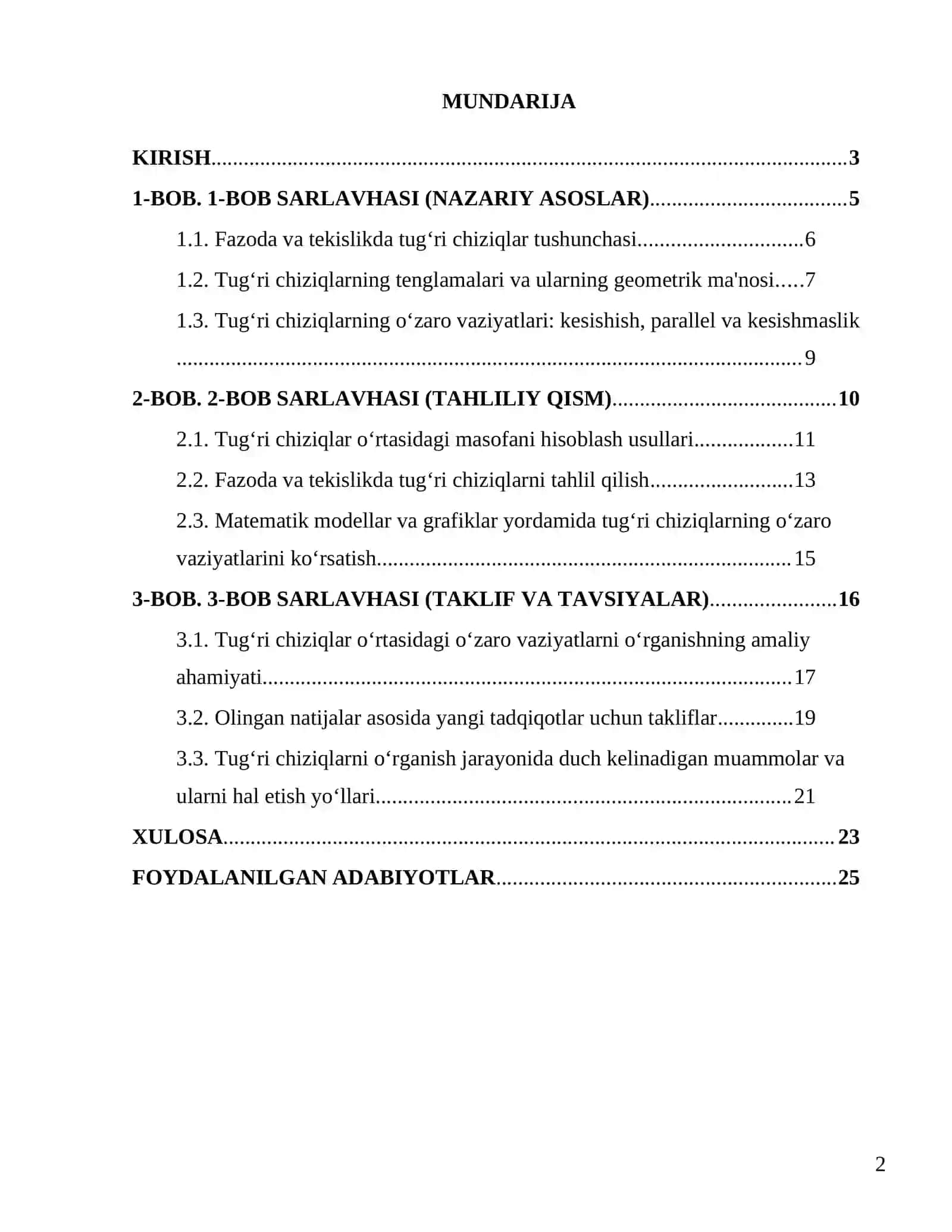 Fazoda va tekislikda tug‘ri chiziqlarning o‘zaro vaziyatlari 2