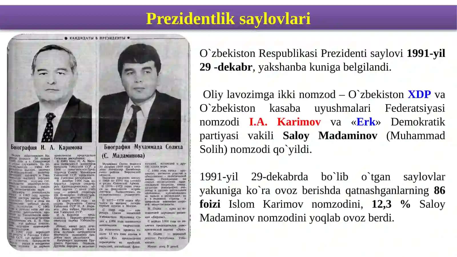 O`zbekiston davlat mustaqilligining qo`lga kiritilishi. 2