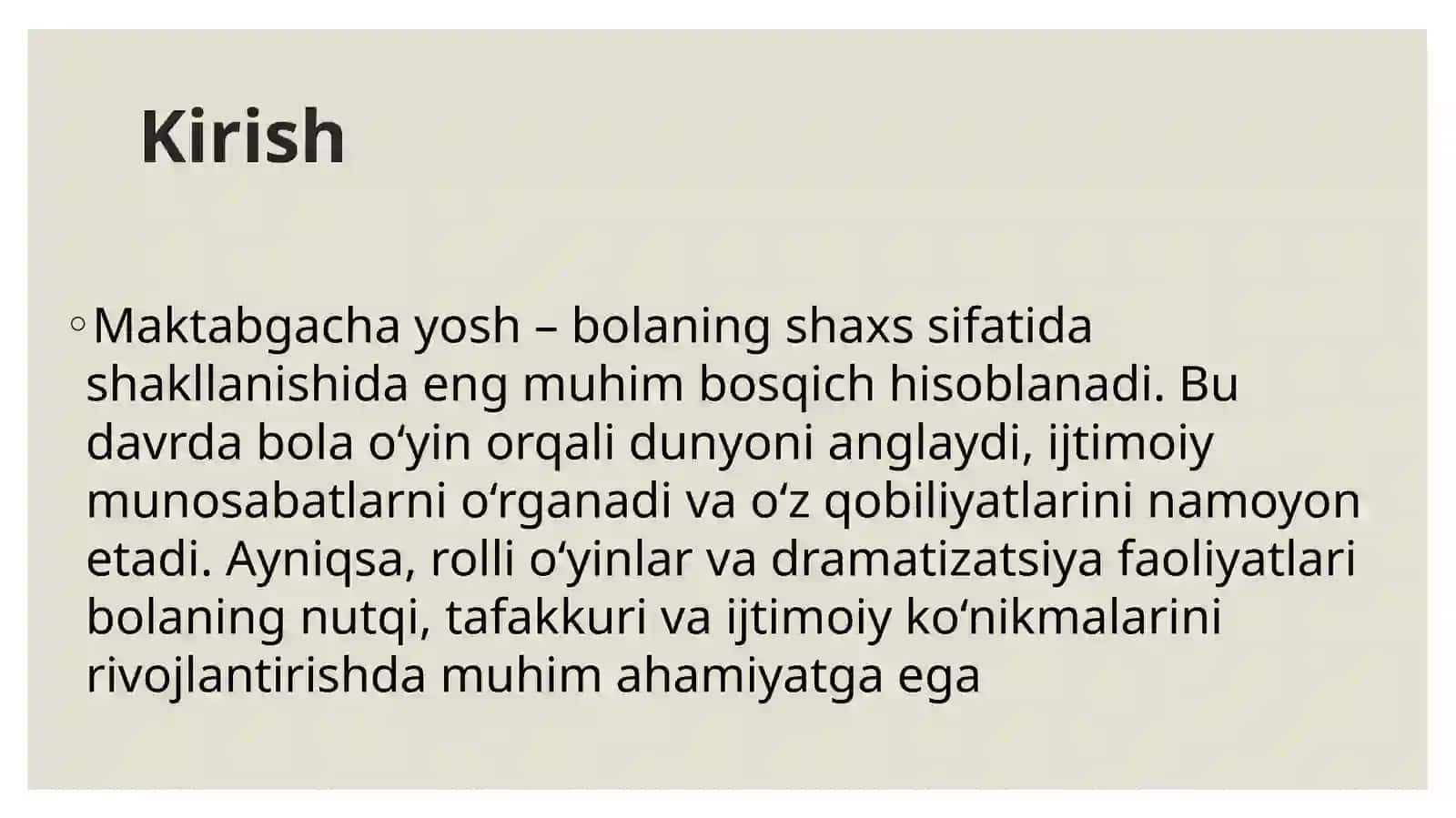 Maktabgacha yoshdagi bolalarning rivojlanishi uchun mavzuni rivojlantiruvchi rolli o’yinlar va drama 2