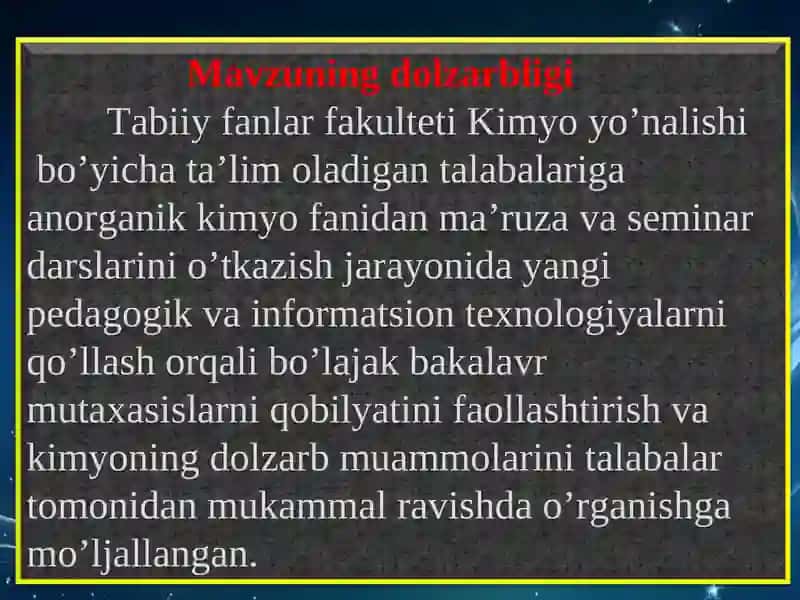 “Bakalavr tizimida ta’lim oluvchi talabalar uchun elektron  o’quv –uslubiy qullanma yaratish metodikasi” (Anarganik kimyoning umumnazariy asoslari) 2
