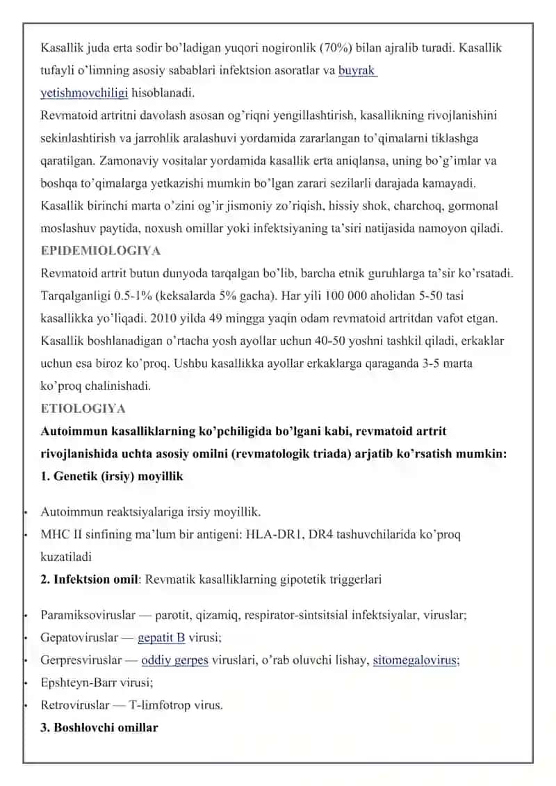 REVMATOID ARTRIT — ETIOLOGIYASI, KLINIKASI, TASNIFI, TASHXISLASH VA DAVOLASH USULLARI 2