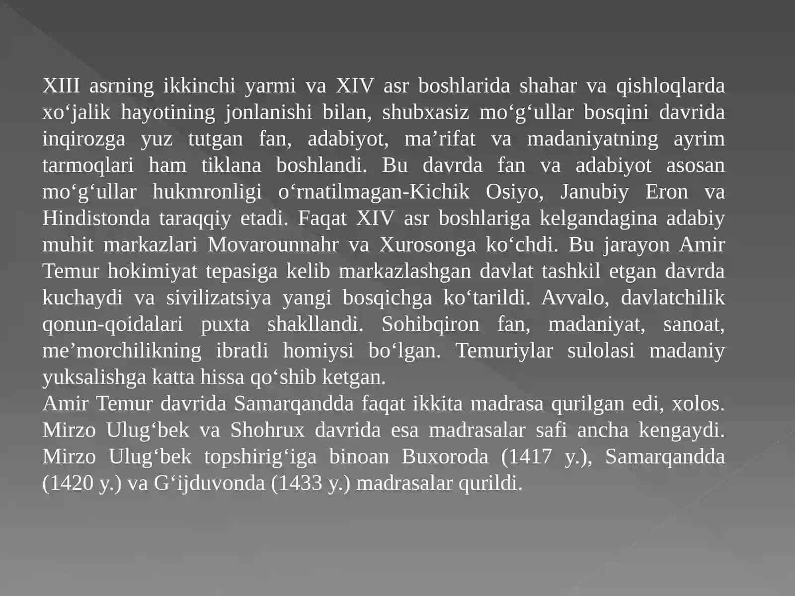 Markaziy Osiyoda Temur va temuriylar davri fan taraqqiyoti. 2