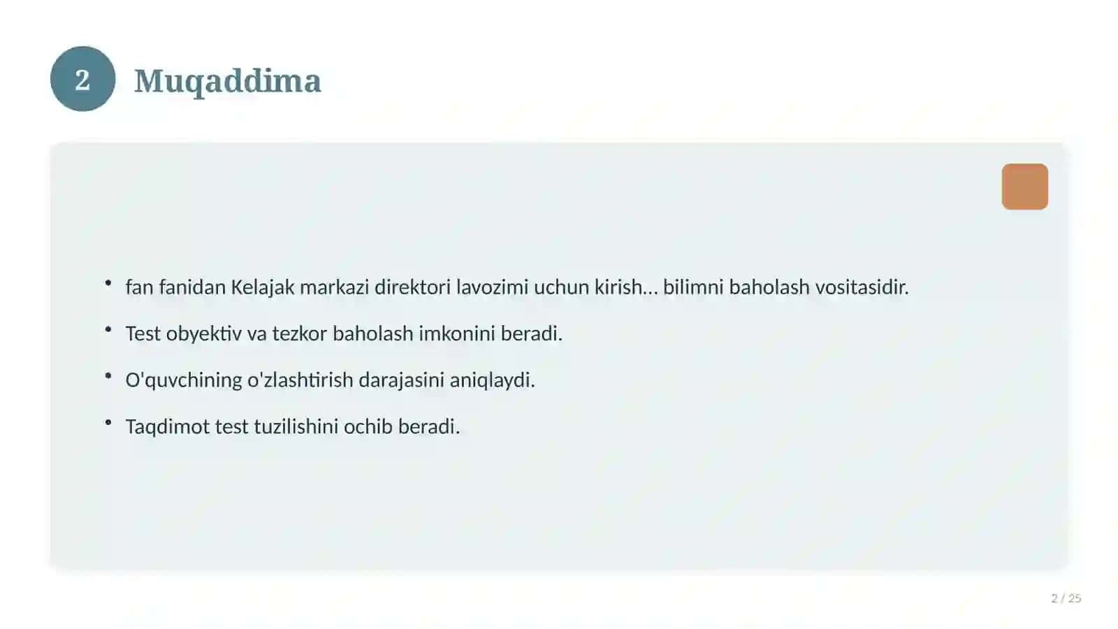 Kelajak markazi direktori lavozimi uchun kirish testlari 2