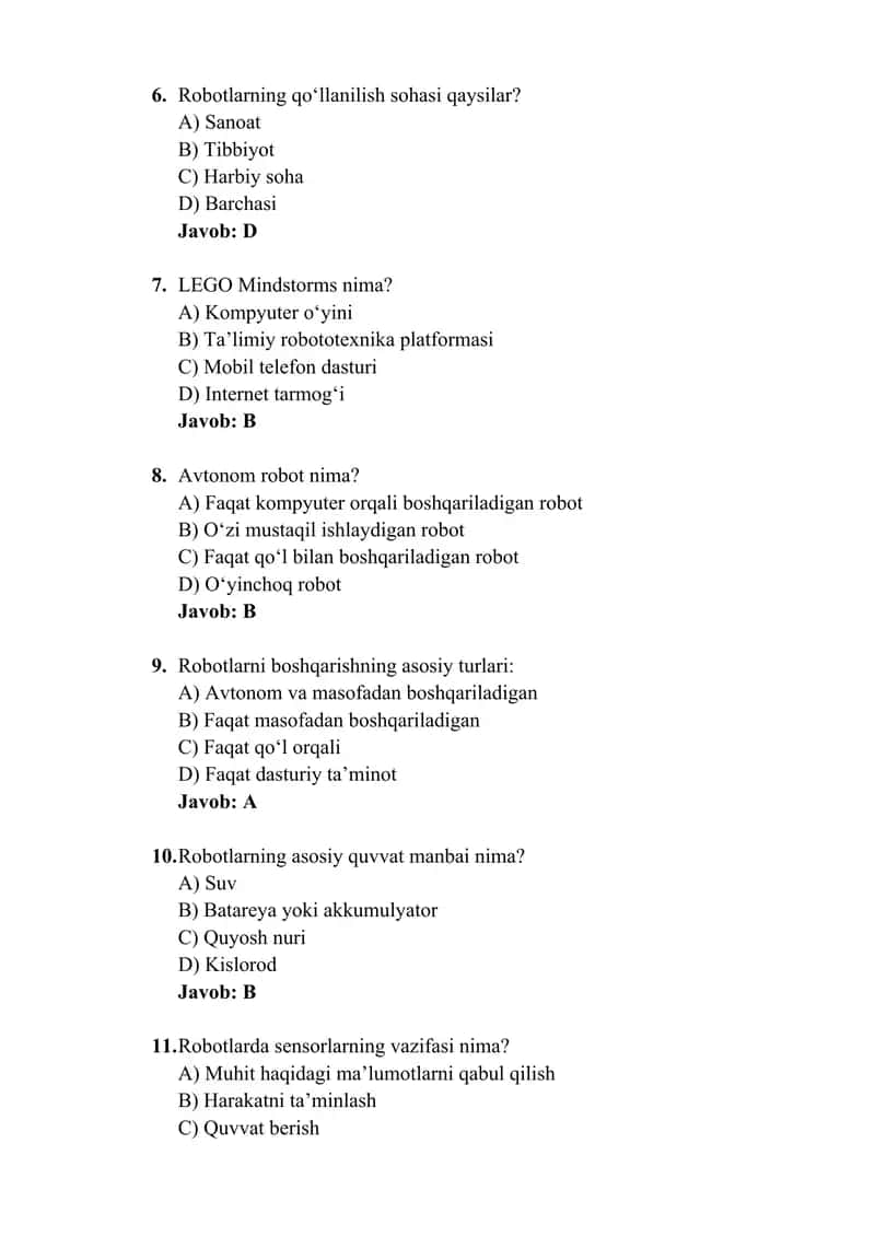 Robototexnika boʻyicha 50-ta test savollari to‘plami javoblari bilan 2