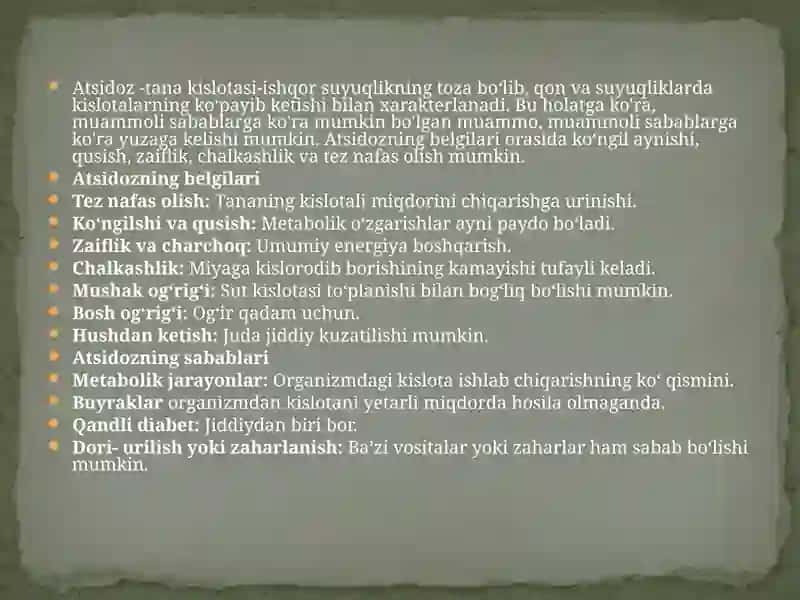 Nafas va metabolik atsidoz, alkalozlari kelib chiqishi, biokimyoviy tashxisi 2