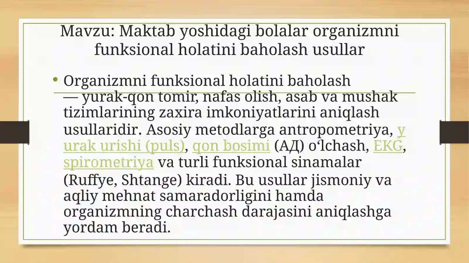 Maktab yoshidagi oʻquvchilar organizm faoliyatini funksional holatini baholash 2