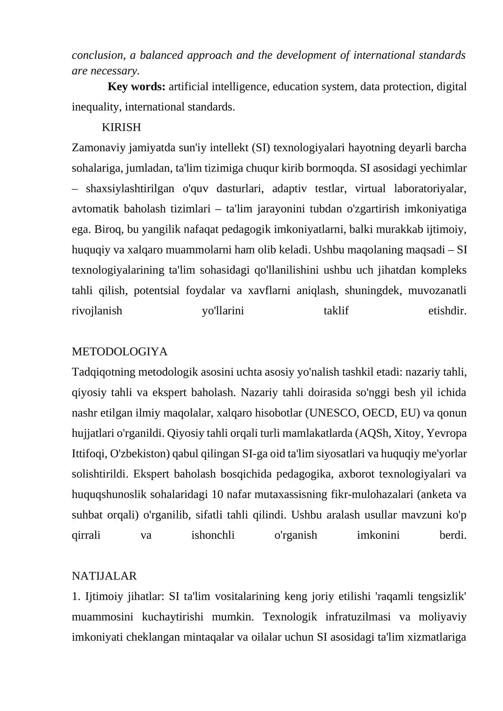 SUN'IY INTELLEKT DAVRIDAGI TA'LIM TIZIMI:IJTIMOIY, HUQUQIY VA XALQARO JIHATLAR 2