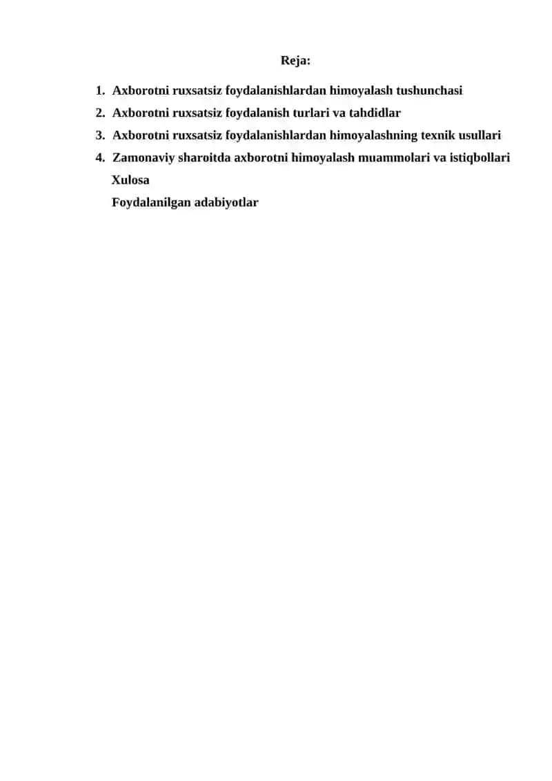Axborotni ruxsatsiz foydalanishlardan himoyalash. 2