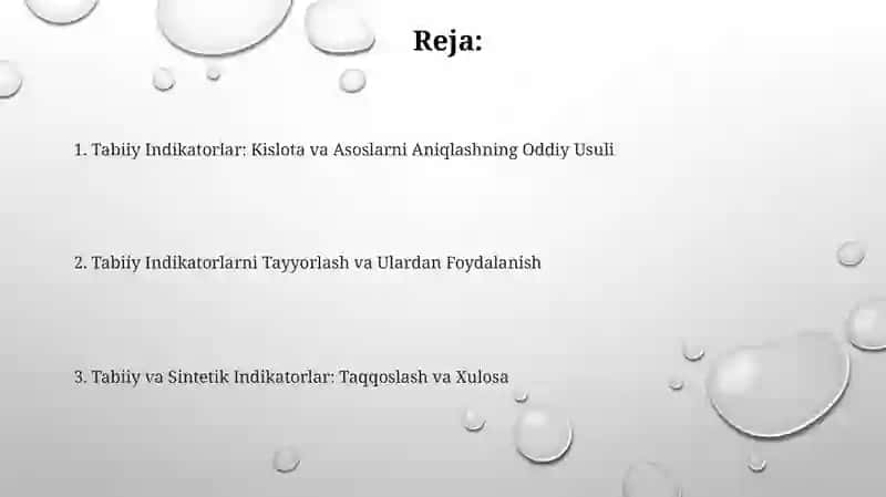 Tabiiy indikatorlar, masalan, qizil karam ekstrakti, pH darajasiga qarab sezilarli rang o'zgarishlarini ko'rsatadi, odatda 1 dan 14 gacha bo'lgan oraliqda kislota va asoslarni aniqlashga imkon beradi 2