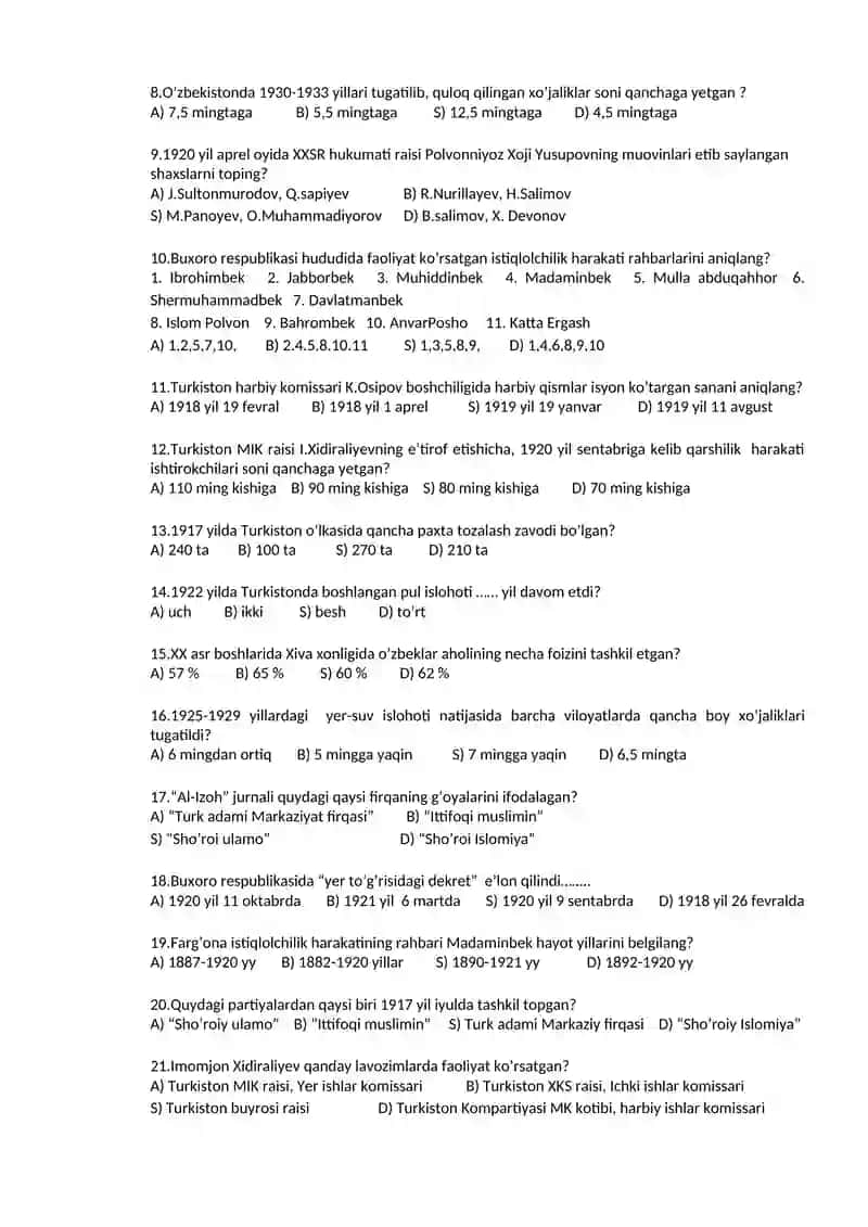 10-sinf O'zbekiston tarixi pisa test 2