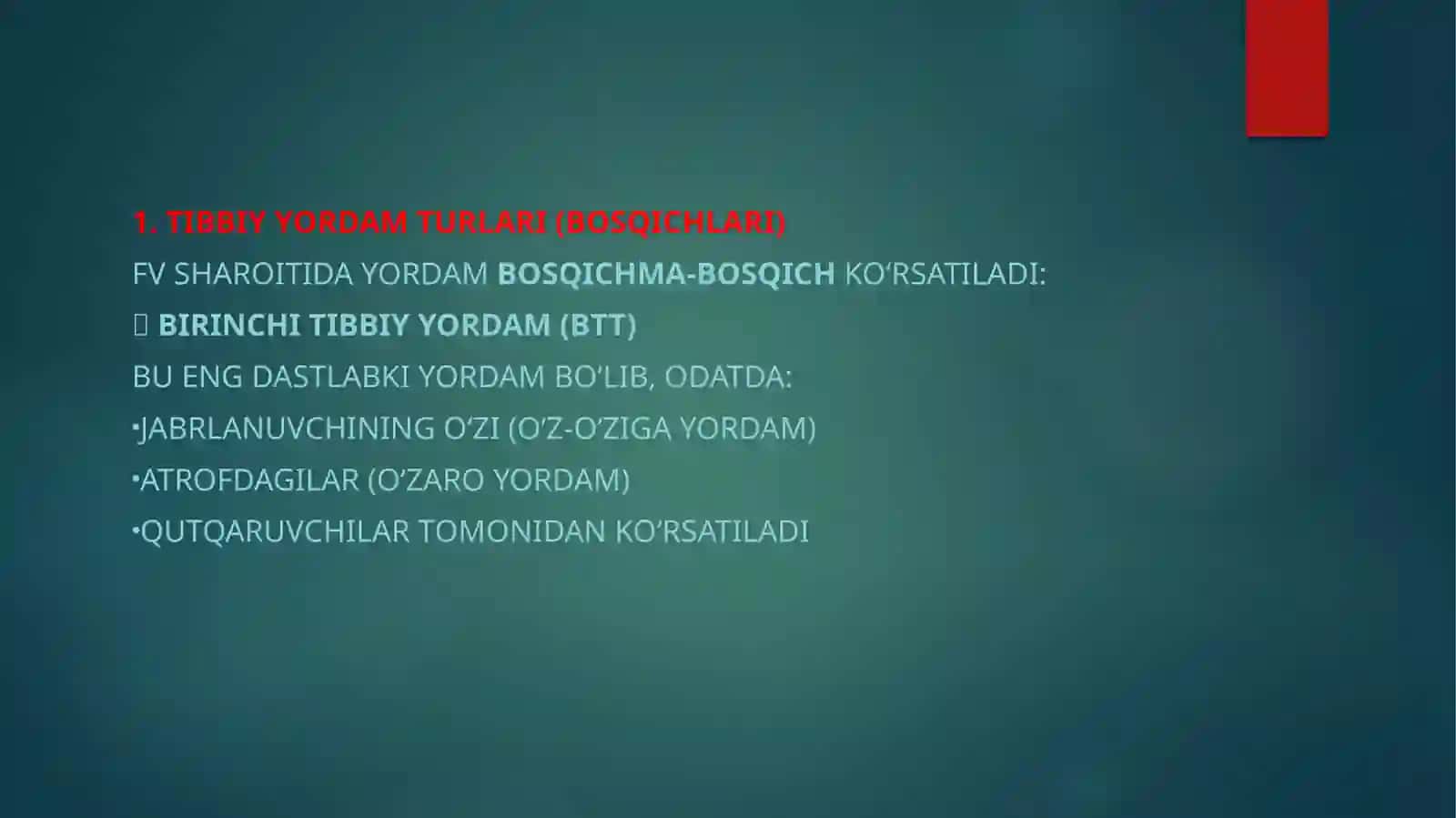 Favqulodda vaziyatlardagi jabrlanish o'choqlarida tibbiy yordam ko'rsatishni tashkil etish 2