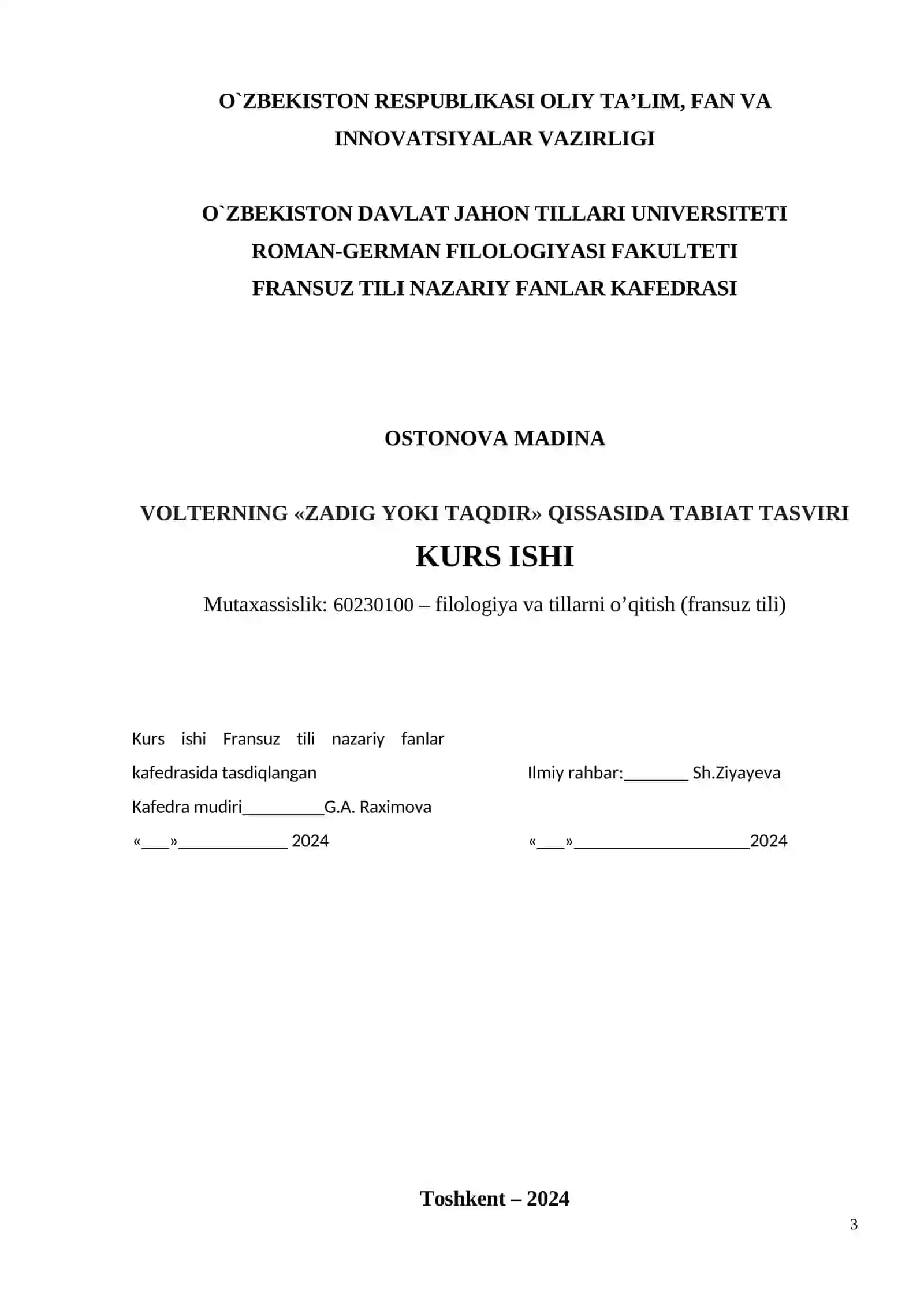 VOLTERNING «ZADIG YOKI TAQDIR» QISSASIDA TABIAT TASVIRI KURS ISHI 2